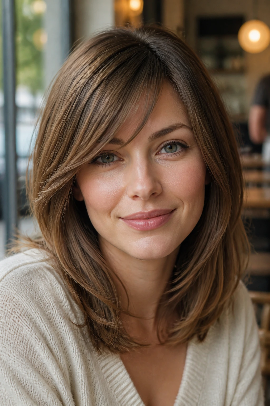Close-up of real person with heart-shaped face balanced by side bangs