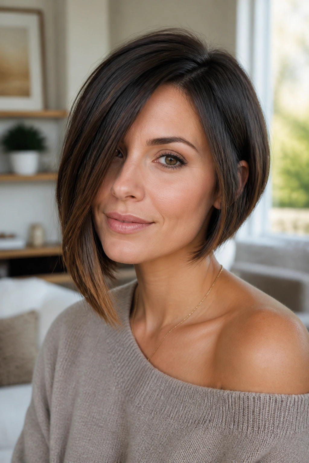 Close-up portrait of a real woman wearing a heart-shaped face lob with a longer side near the chin.