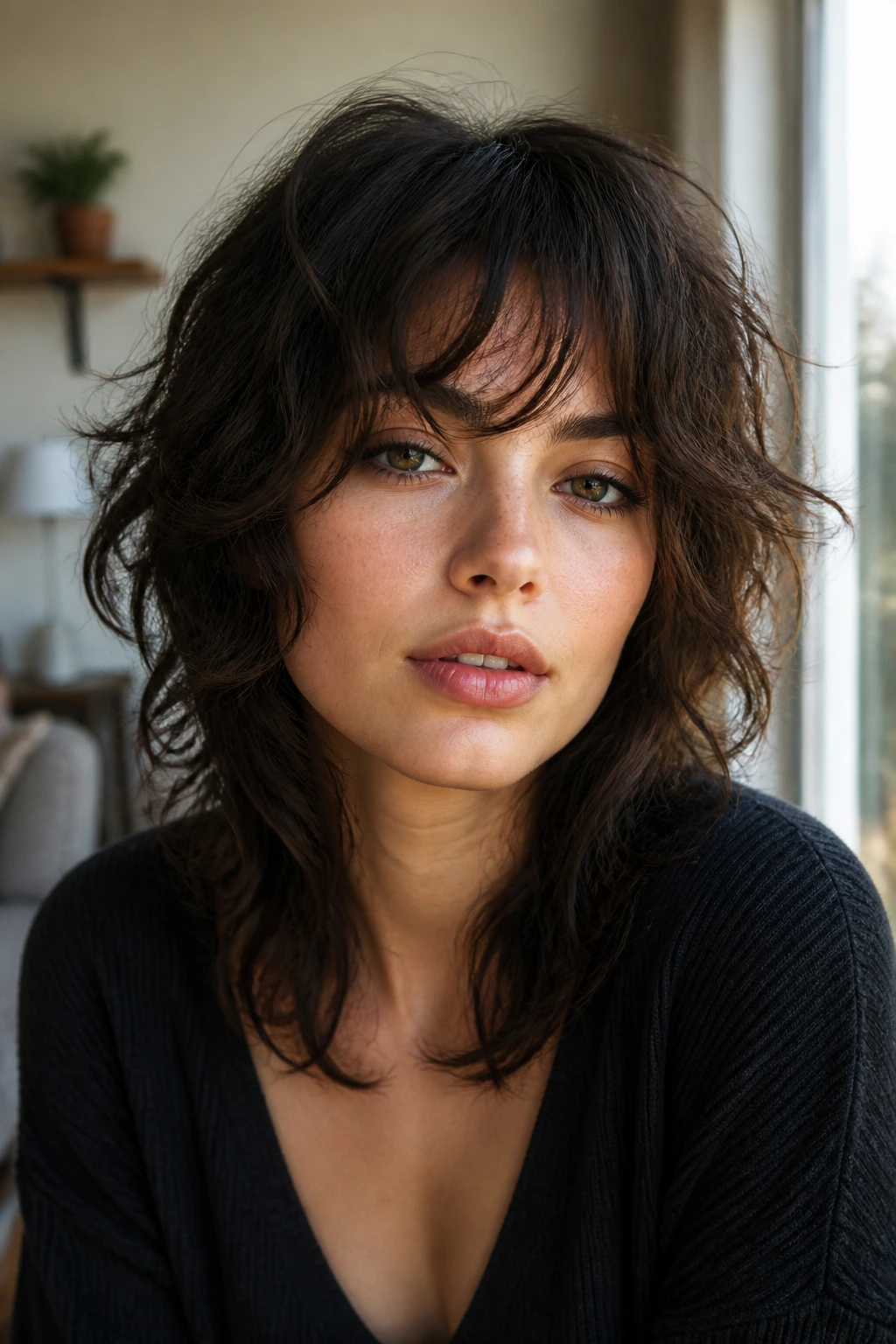Portrait of a real woman with heart-shaped face showing floating bangs and layered curls