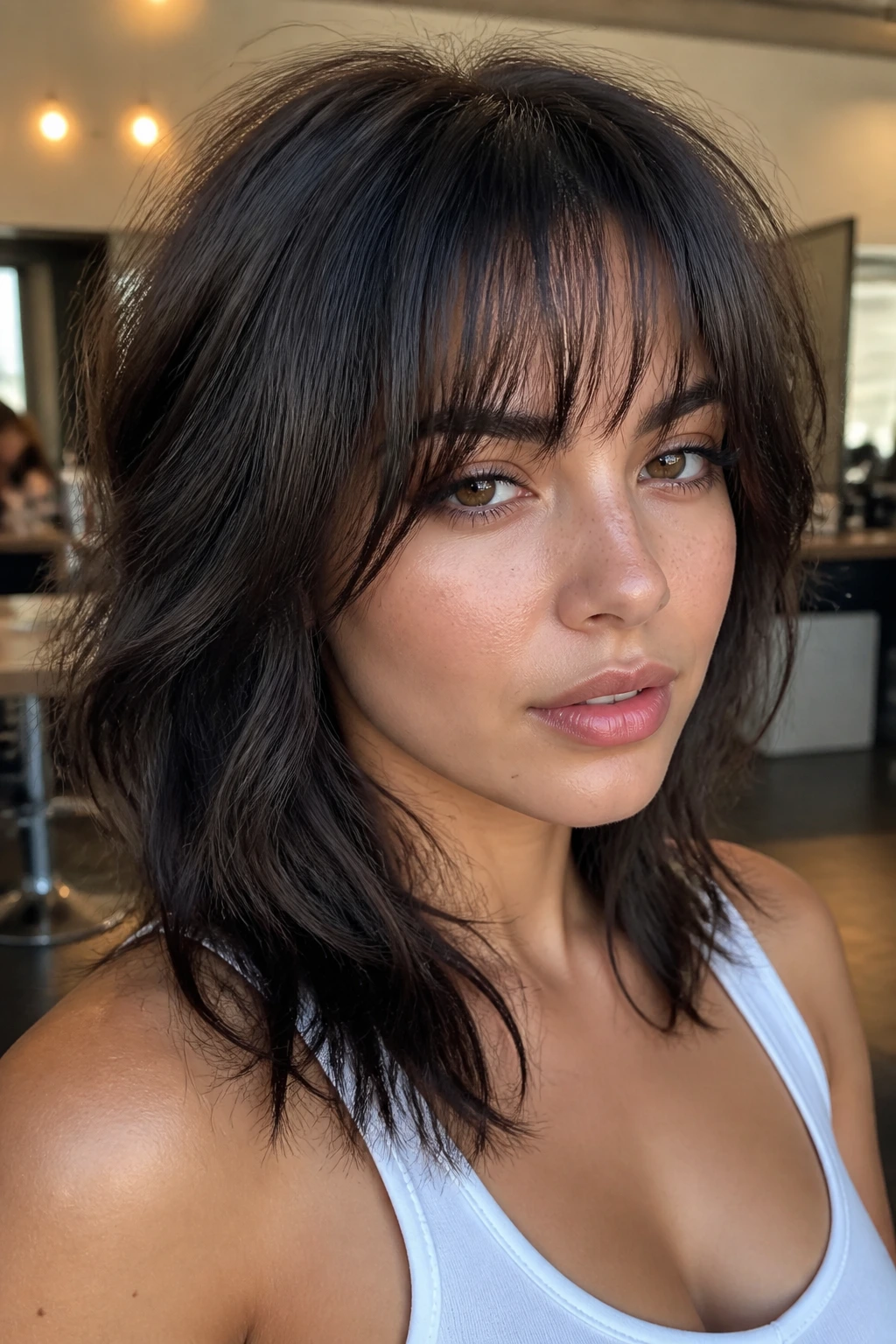 Portrait of a heart-shaped face woman with tapered bangs wolf cut