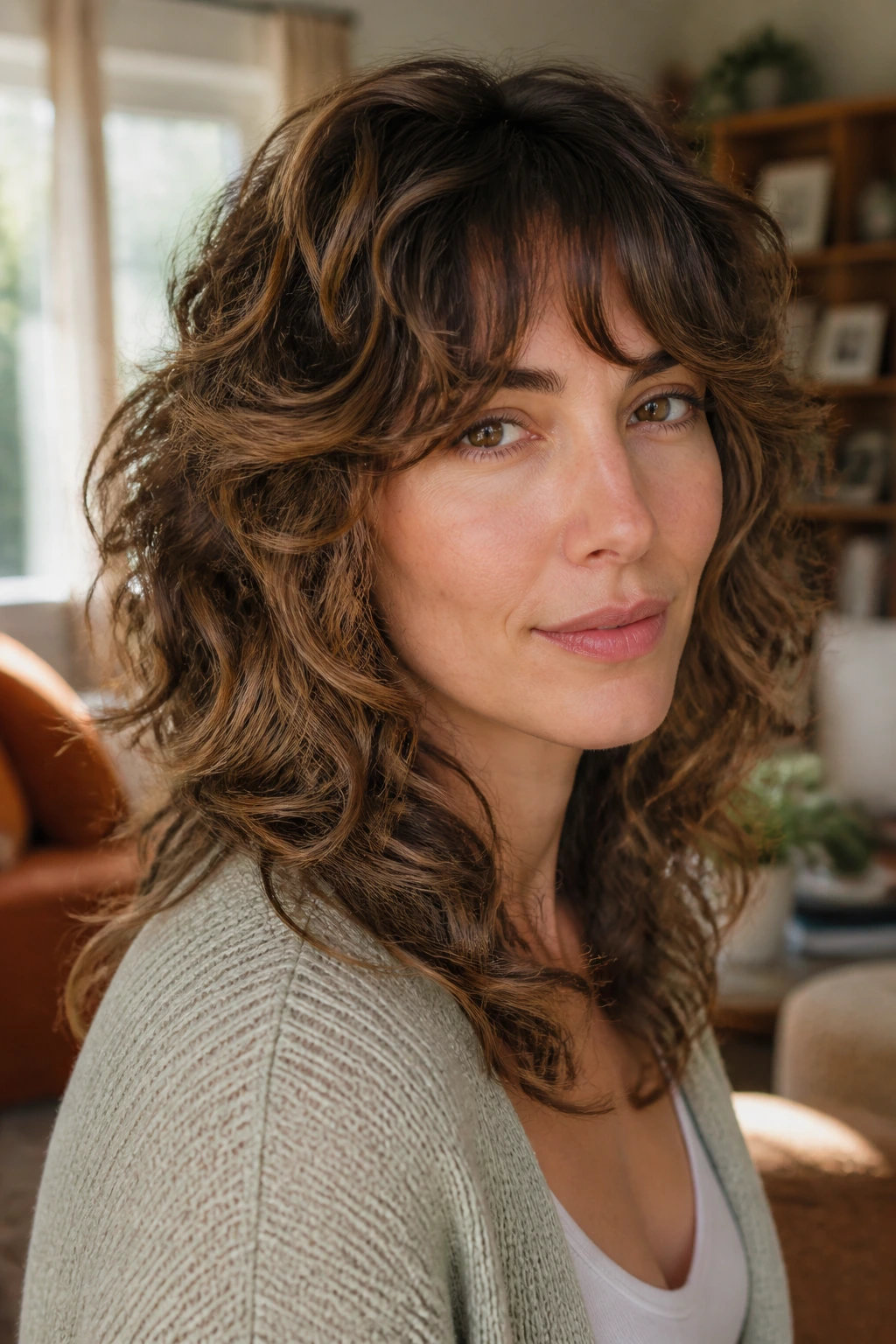 Close-up portrait of a real woman with heart-softening shag and side layers in soft home lighting