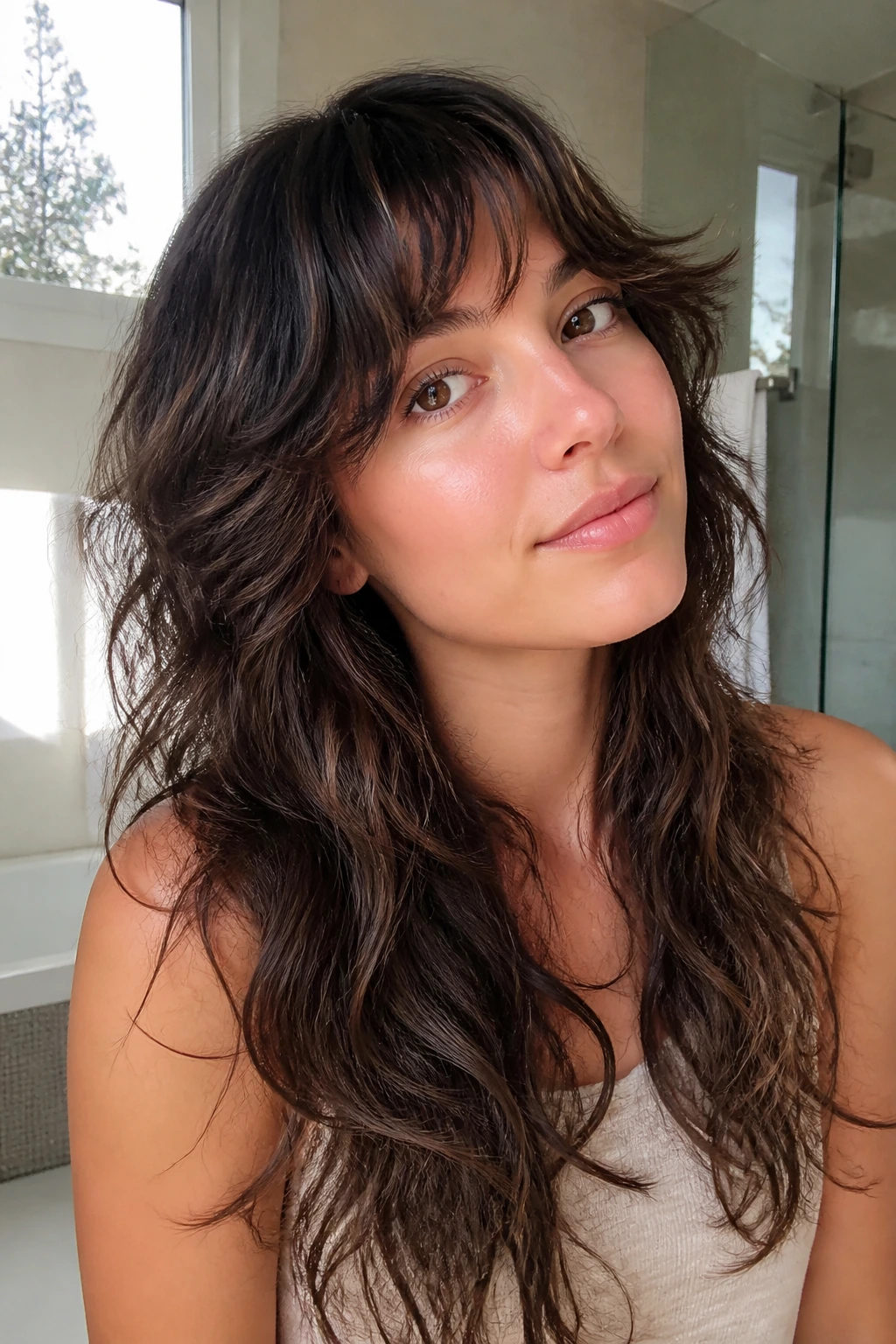 Portrait of a person with heat-free shag styling and natural air-dried waves.