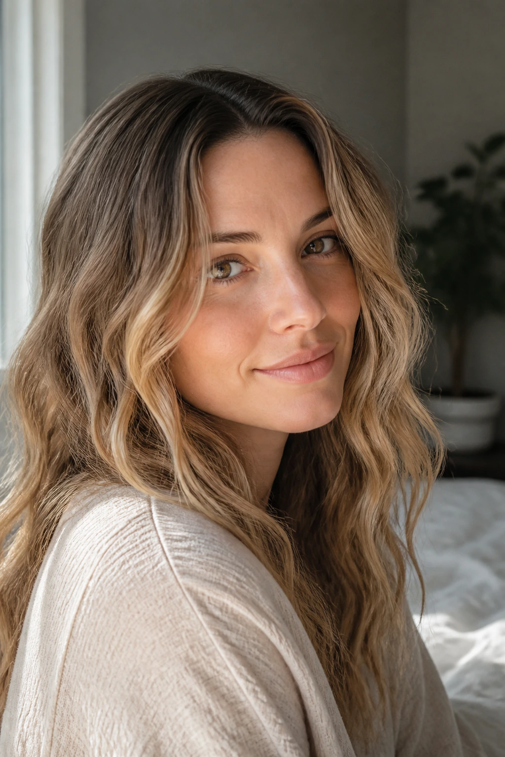 Close-up portrait of a real woman with soft heat-free fragile hair waves in natural light