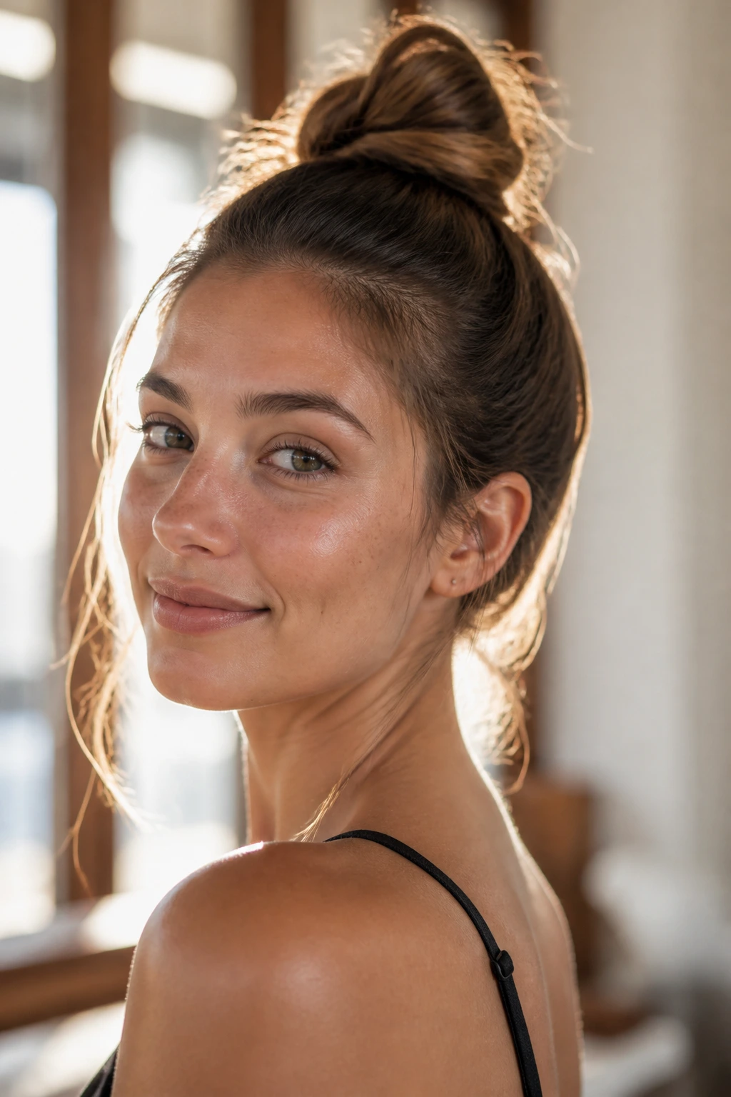 Portrait of a woman with a high top knot to keep the neck cool in summer
