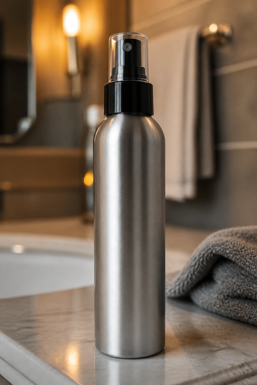 Heat protectant spray bottle on a bathroom counter