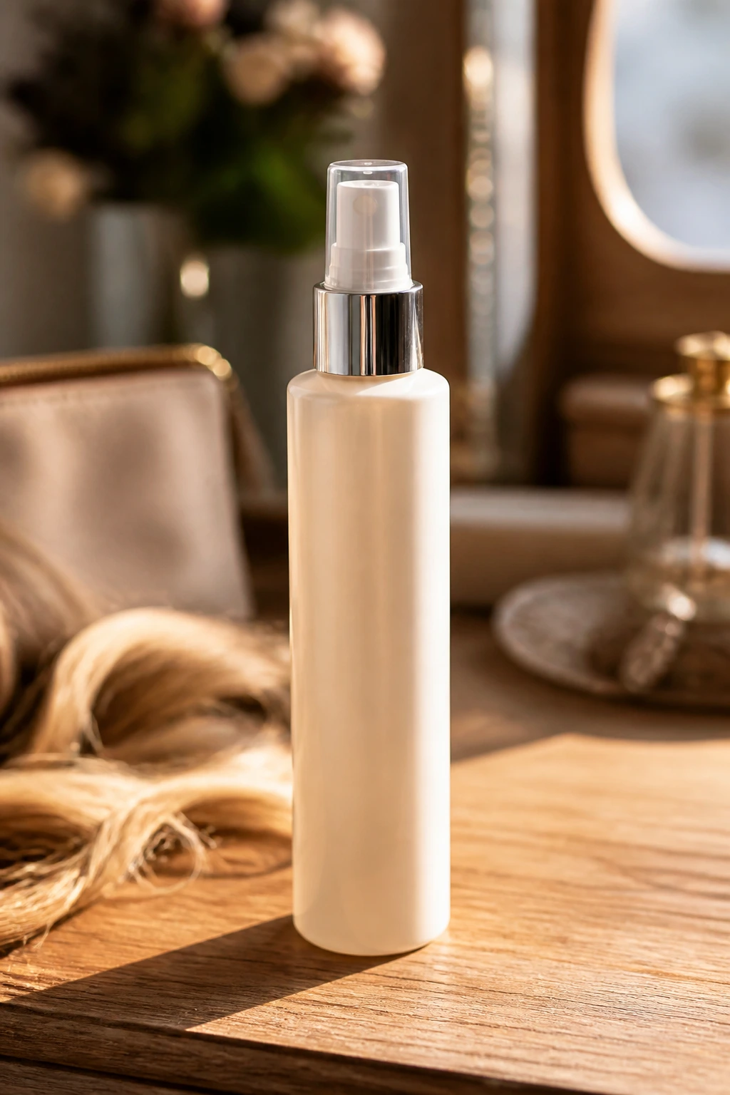 Bottle of heat-protectant on bridal vanity