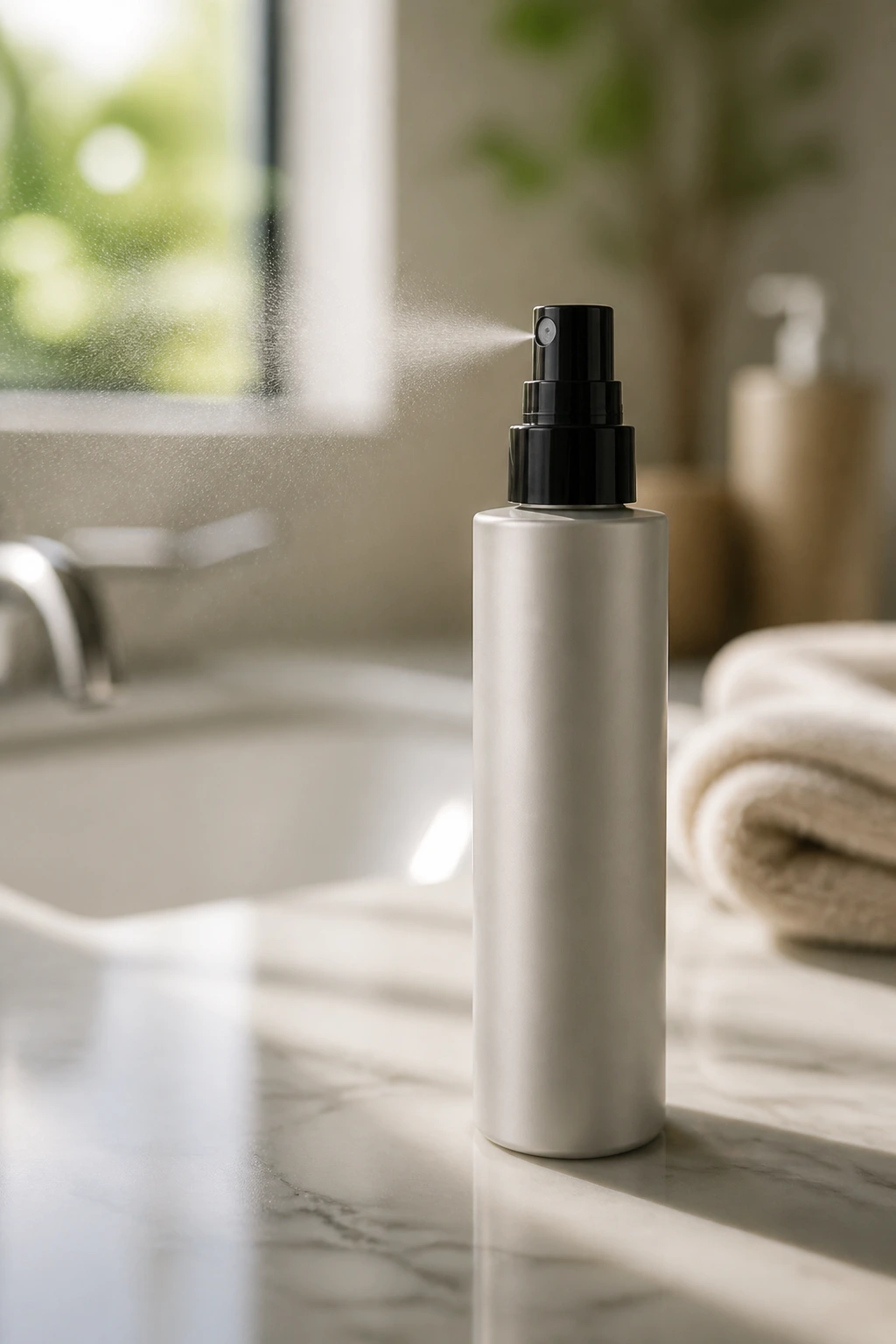 Close-up of heat protectant spray bottle on a bathroom vanity for straight layered hair