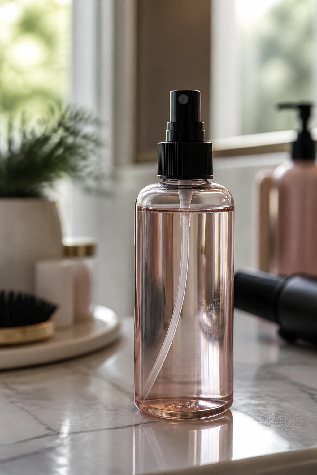 Close-up of a lightweight heat protectant spray bottle on a vanity for thick hair
