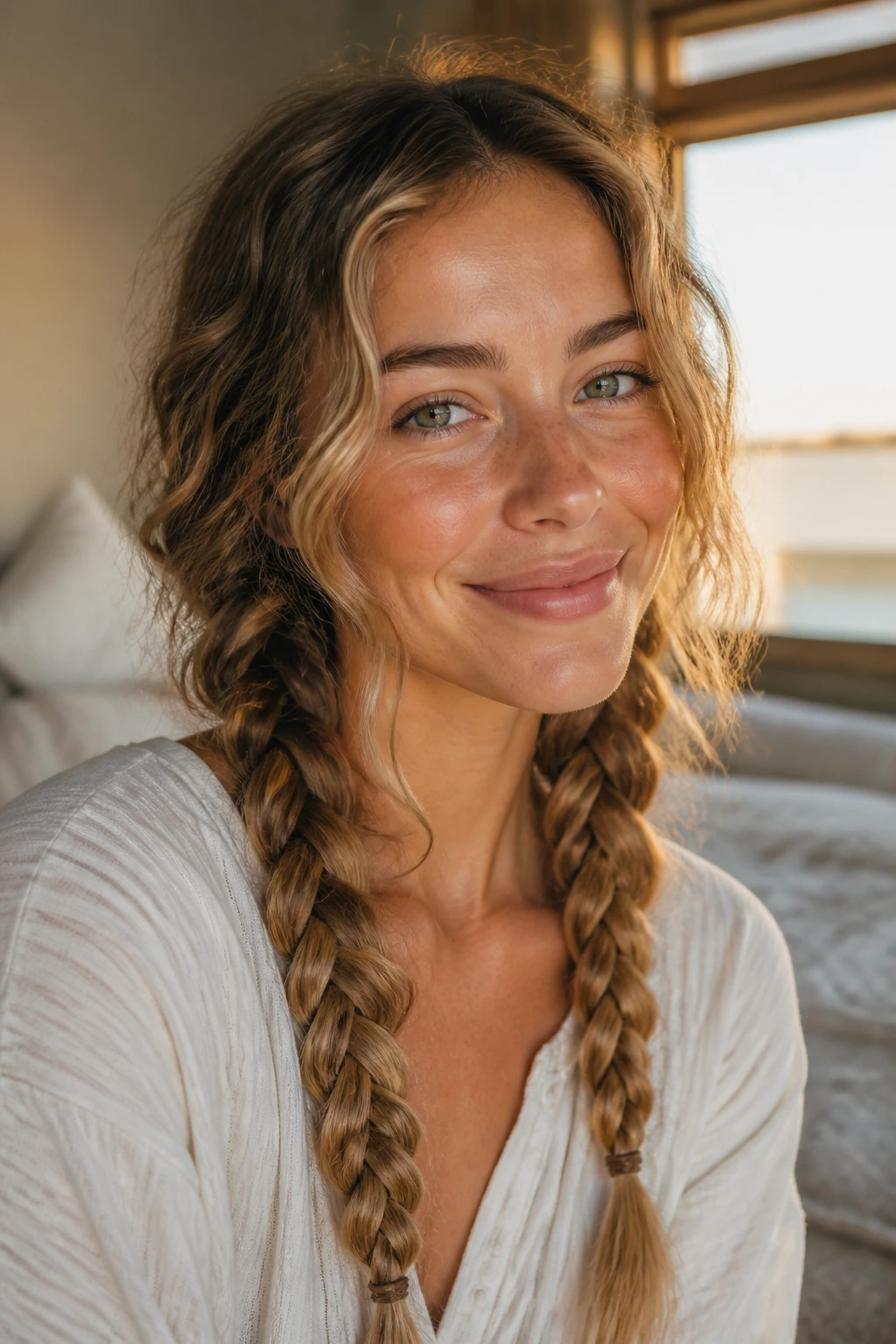 Close-up of a real woman with two loose braids for heatless waves.