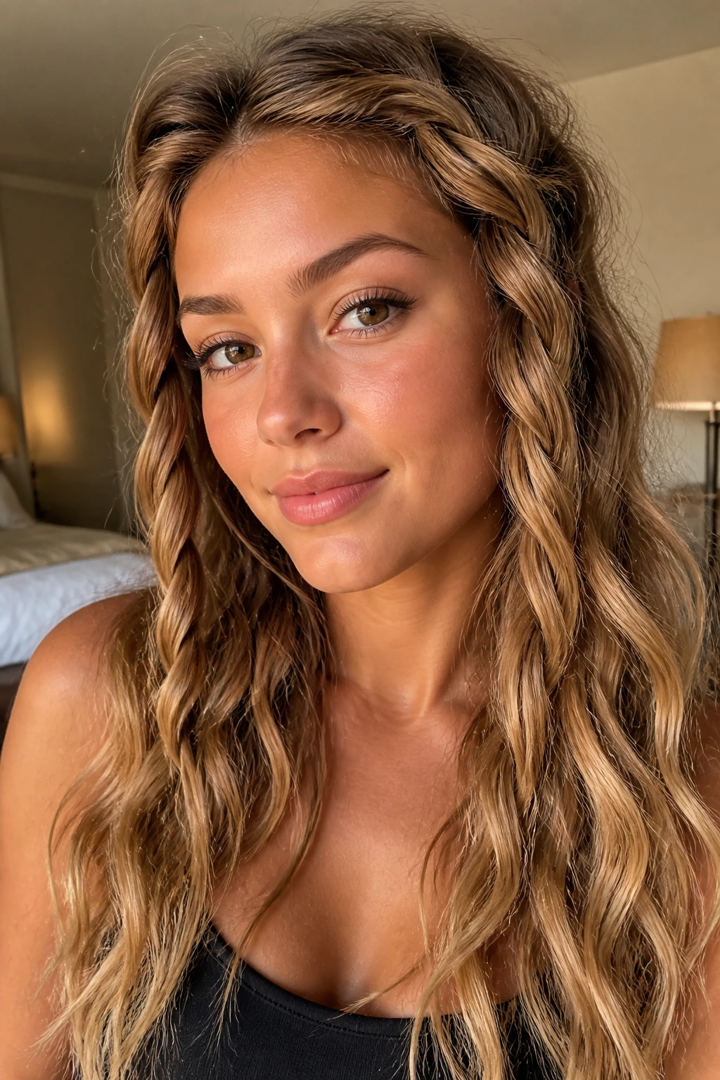 Close-up of a real woman with heatless rope-braid waves framing her face in warm bedroom light