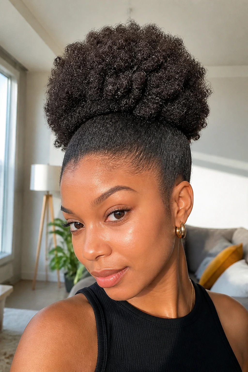 Portrait of a woman with a heatless-stretched puff hairstyle.