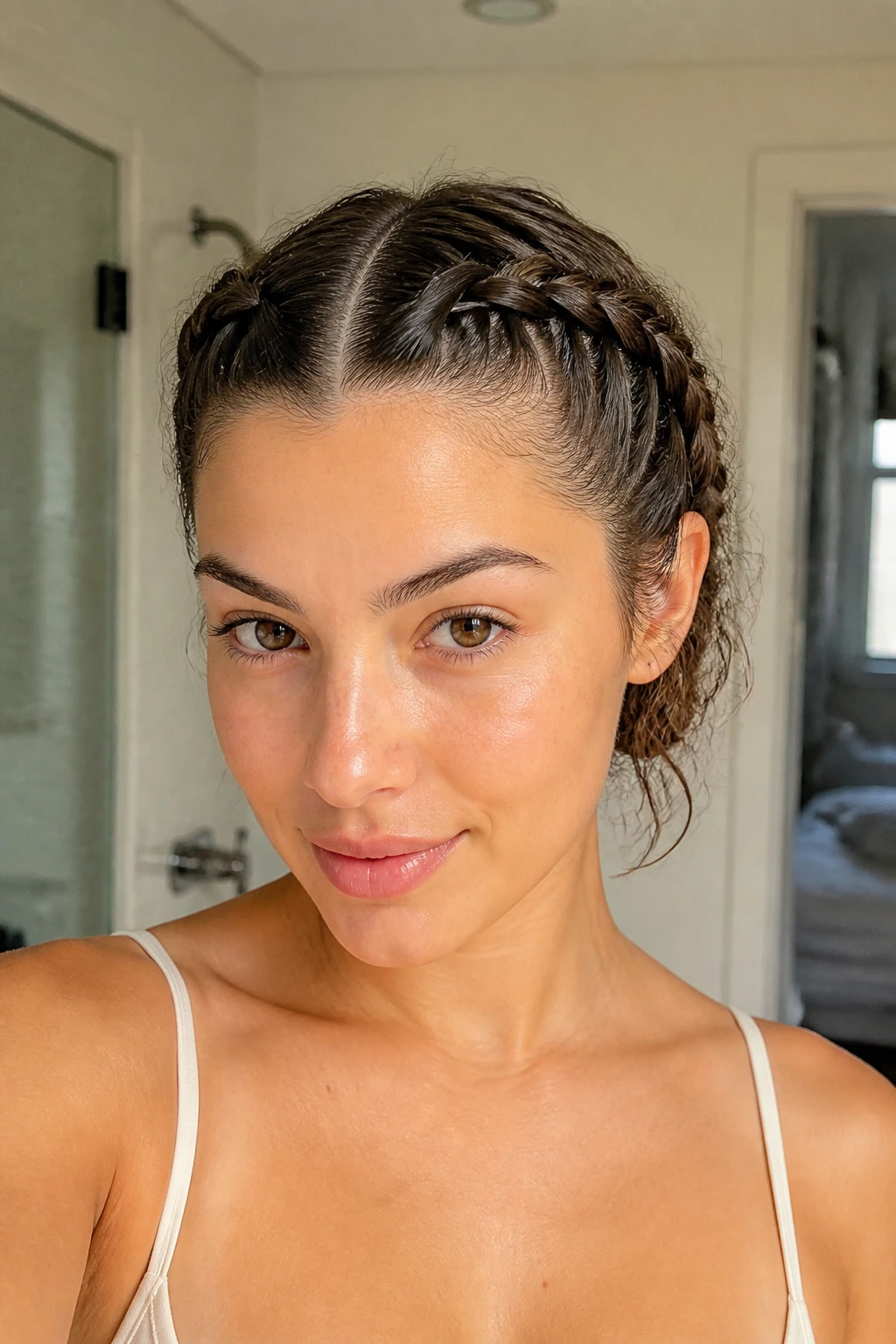 Portrait of a person with two French braids set for heatless waves