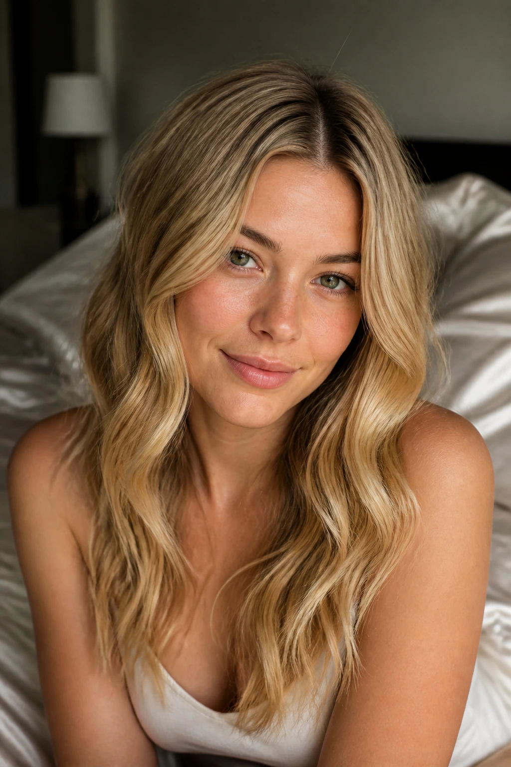 Close-up of a real woman with heatless overnight waves and a mid-part.