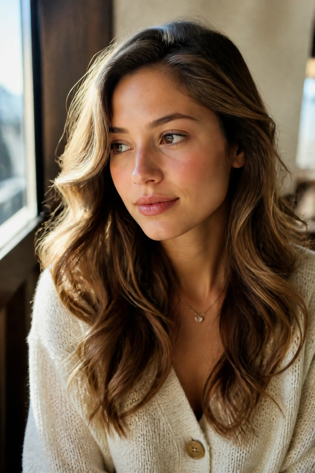 Woman with heatless satin waves and side part in a sunlit interior.