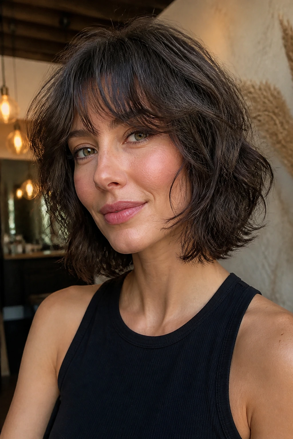 Portrait of a woman with heavily layered shag bob and face-framing bangs.