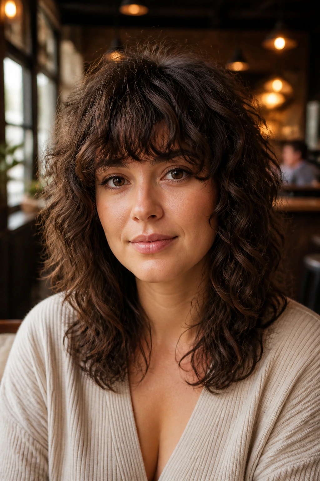 Woman with heavy bangs and lighter body shag hairstyle