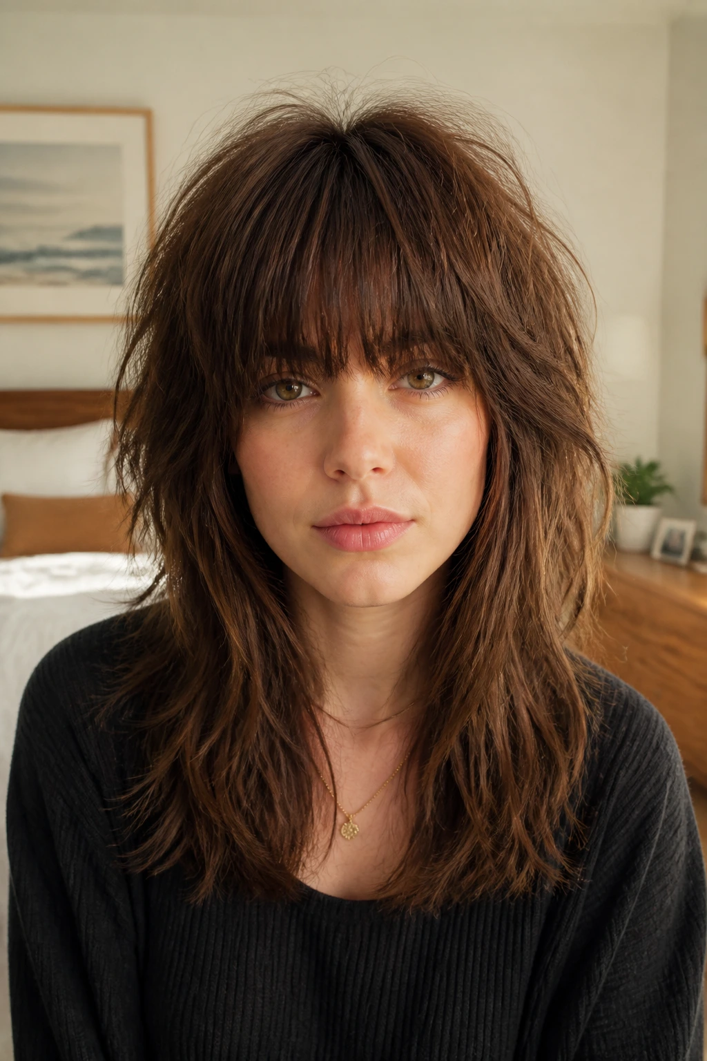 Real person with heavy bangs and textured crown in soft morning light.