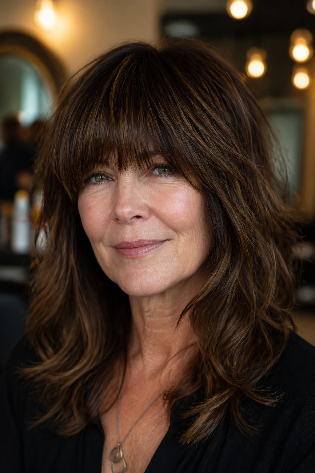 Close-up of a real woman with heavy-bang shag for thick hair showing a dense front fringe and layered sides.