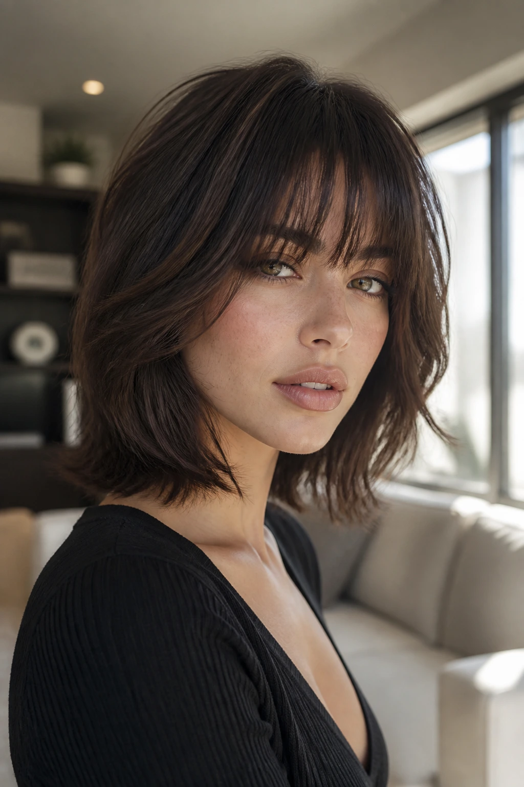 Close-up of a real woman with Heavy-Bang Balanced Butterfly featuring a dense center fringe and lighter surrounding layers