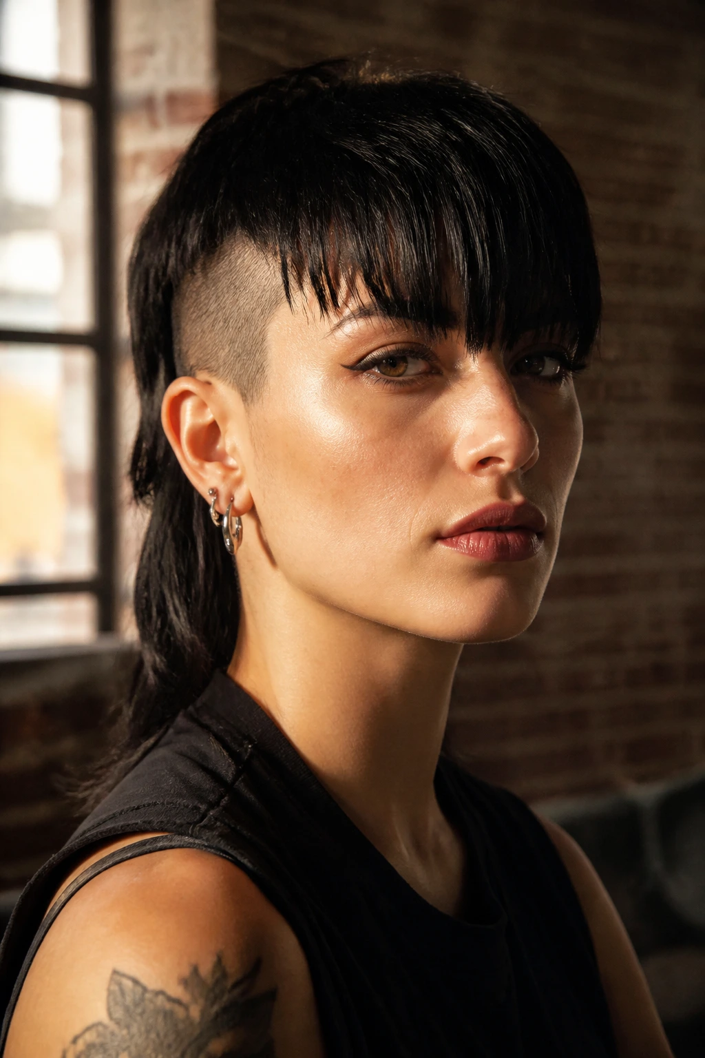 Portrait of a real person with heavy blunt bangs and buzzed sides, shoulder-length hair