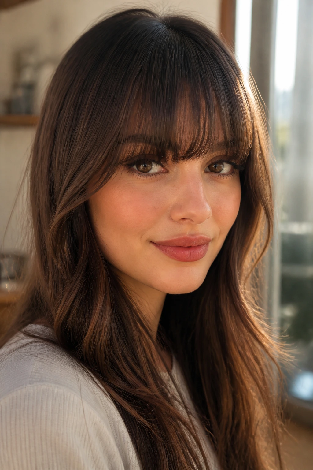 Close-up of a real woman with heavy eyebrow-grazing bangs and soft edges in natural light