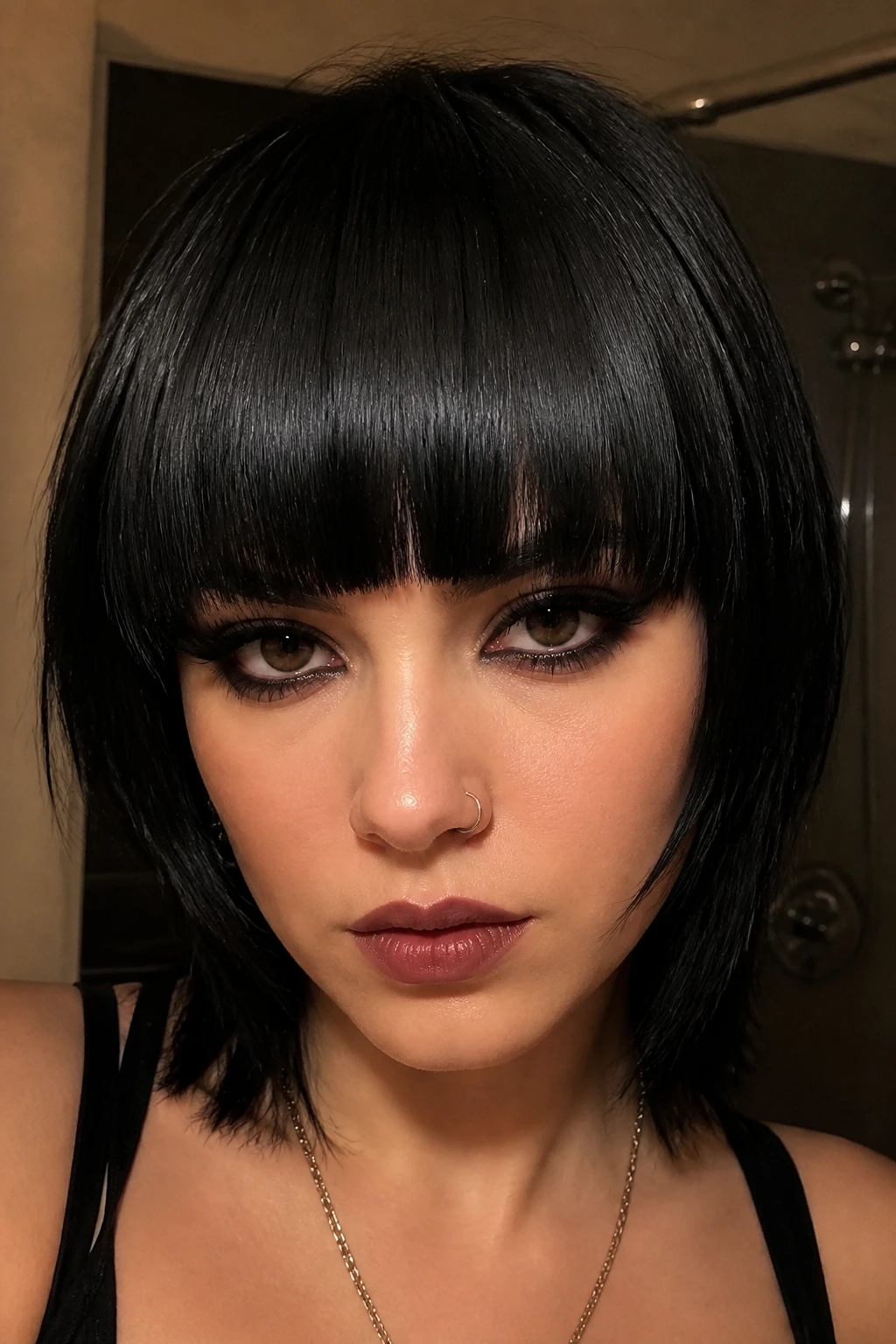 Close-up of a real person with heavy opaque black bangs across the forehead