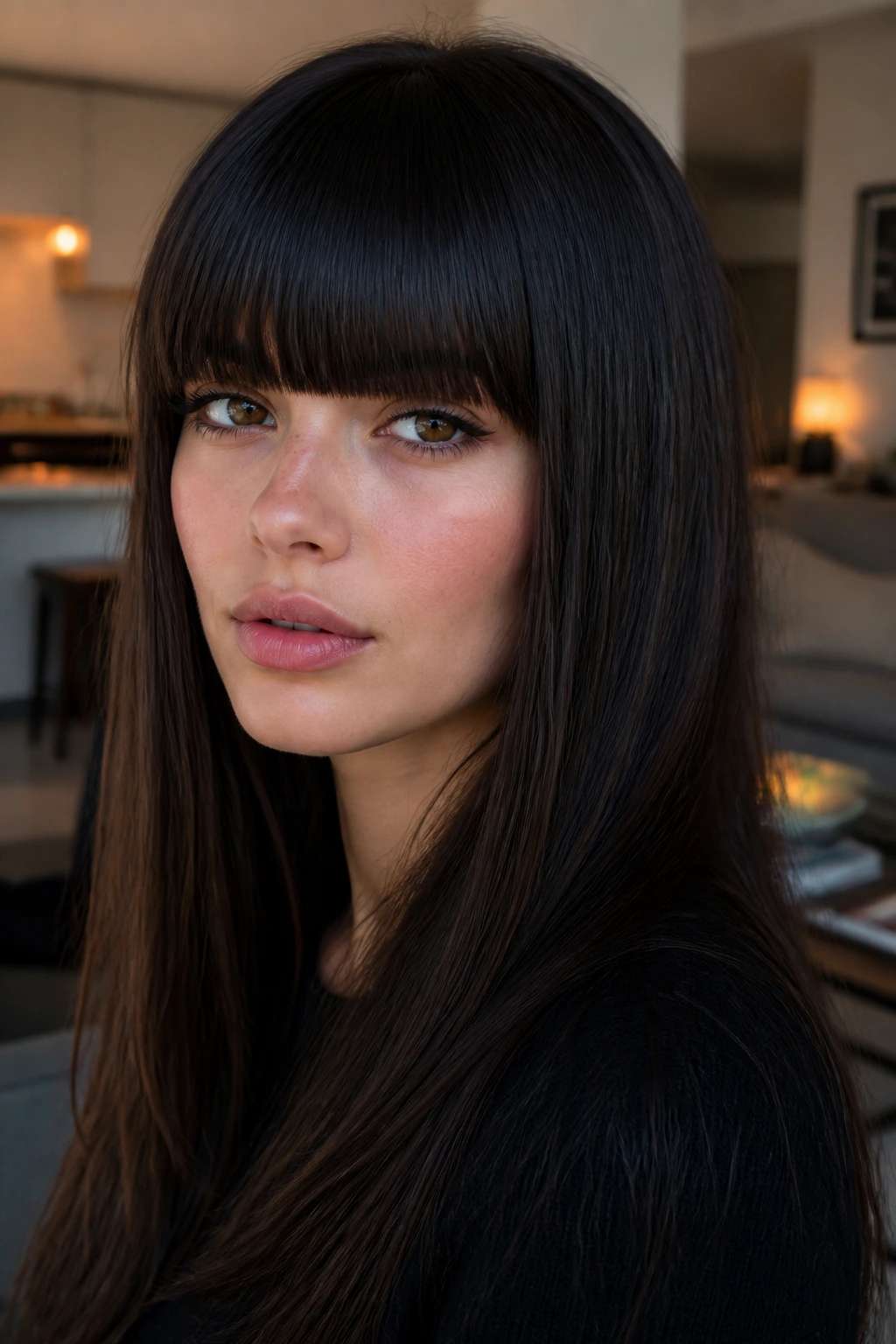 Close-up of a real woman with heavy straight-across bangs in an urban apartment setting