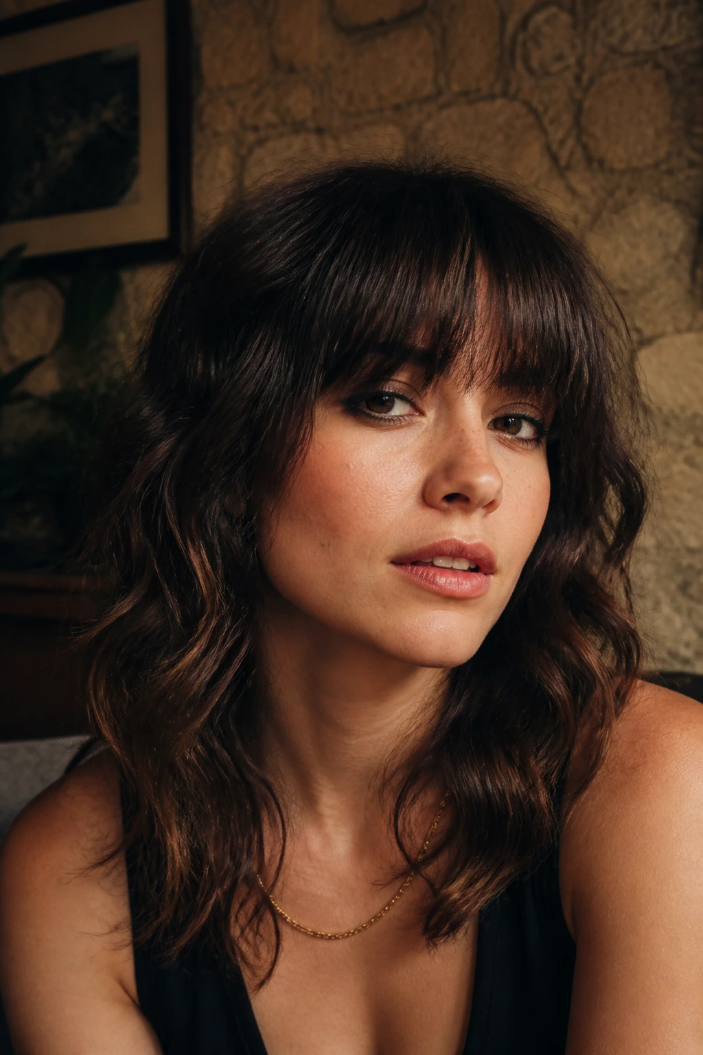 Close-up of a real woman with heavy bangs shag in a cozy living room