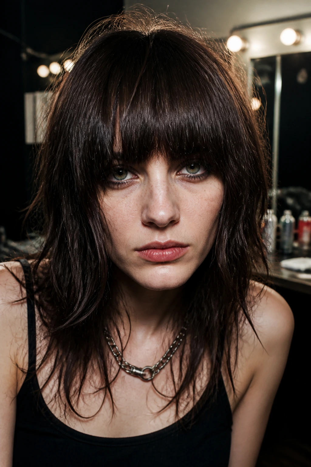 Close-up of a real person with heavy bangs and torn ends shag under moody backstage lighting.