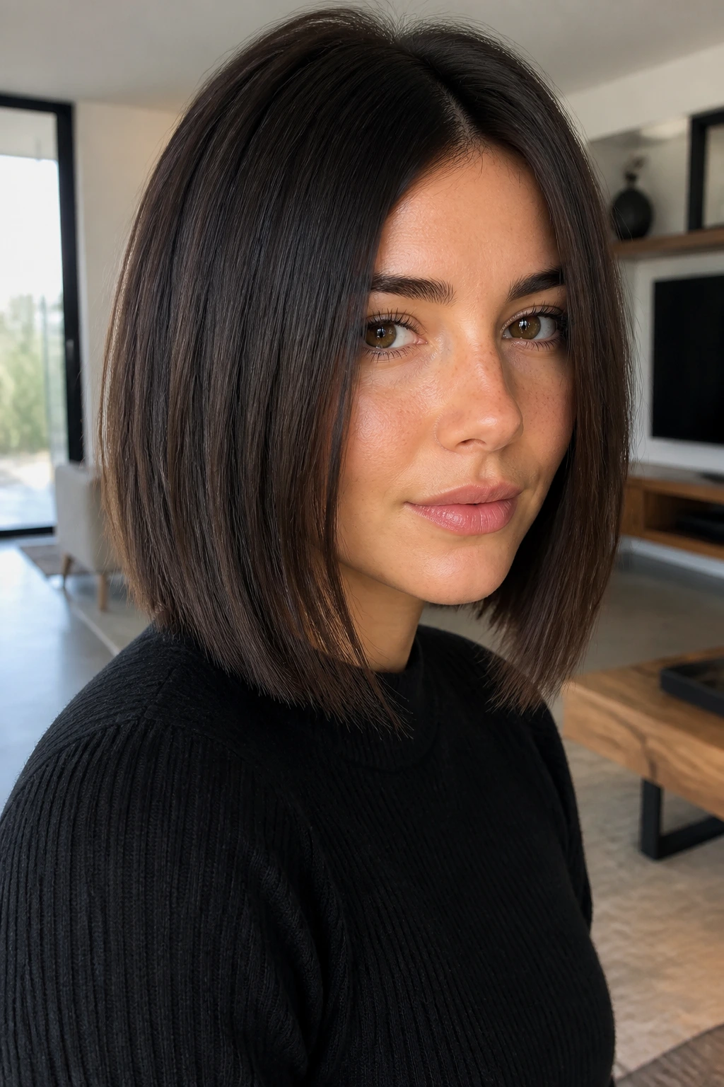 Close-up portrait of a real woman with heavy-bottom lob and pointed perimeter
