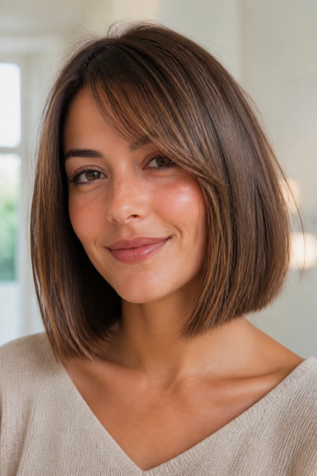 Close-up portrait of a real person with a heavy-bottom lob and thin side fringe.