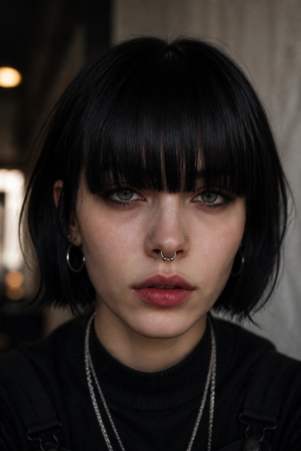Close-up of a real person with heavy brow-skimming fringe framing the eyes