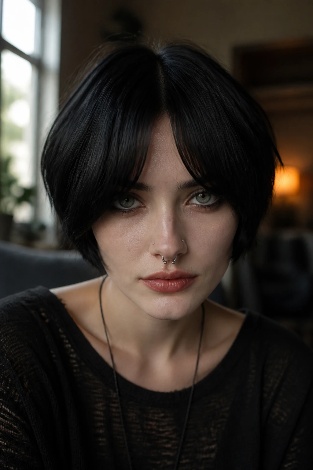 Close-up of a real person with heavy center-split fringe on short dark hair in a moody home setting.