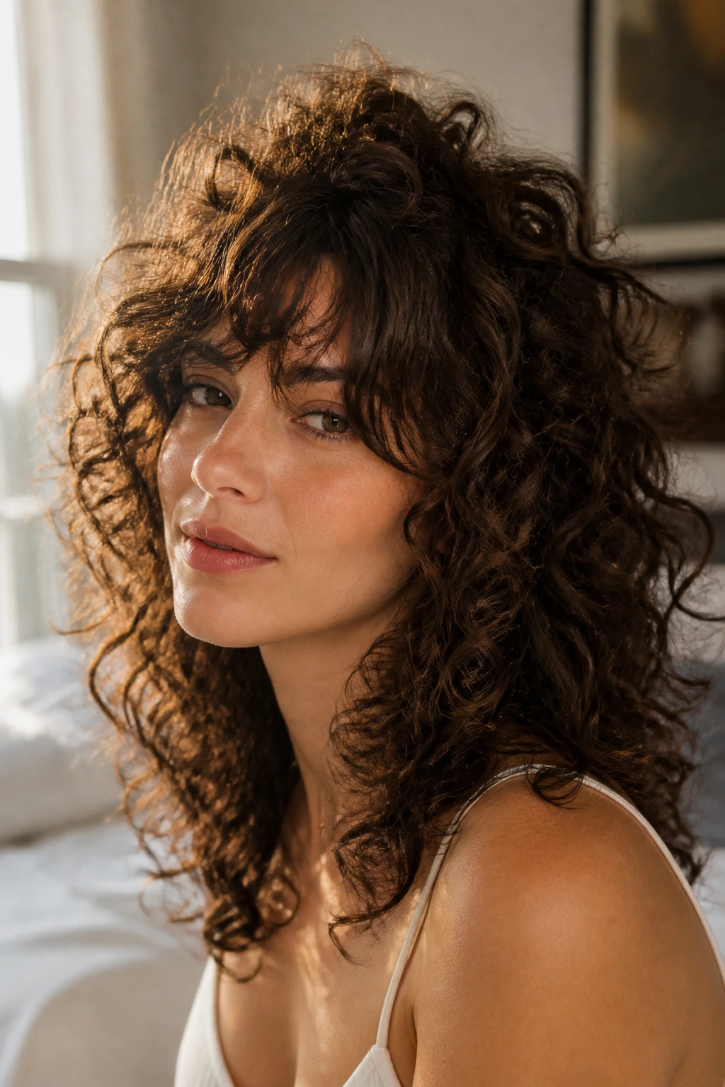 Close-up portrait of a real woman with heavy crown curls and feathered bangs in warm window light