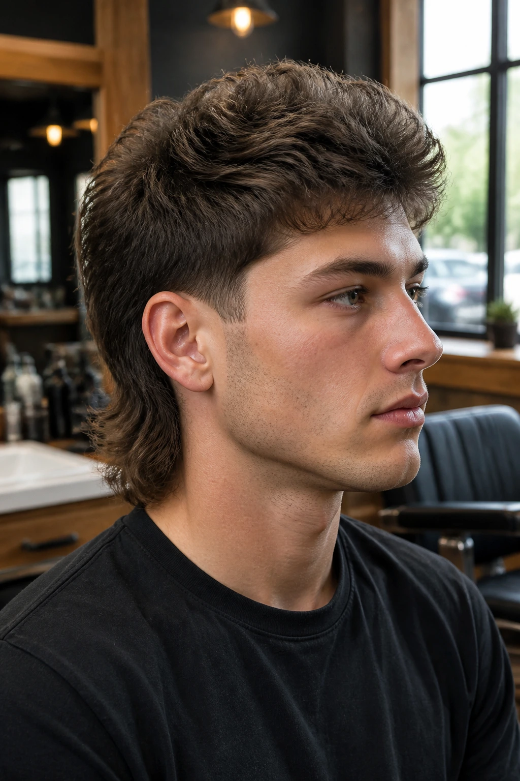 Close-up portrait of a real person with a heavy crown mullet showing crown lift and back tail.