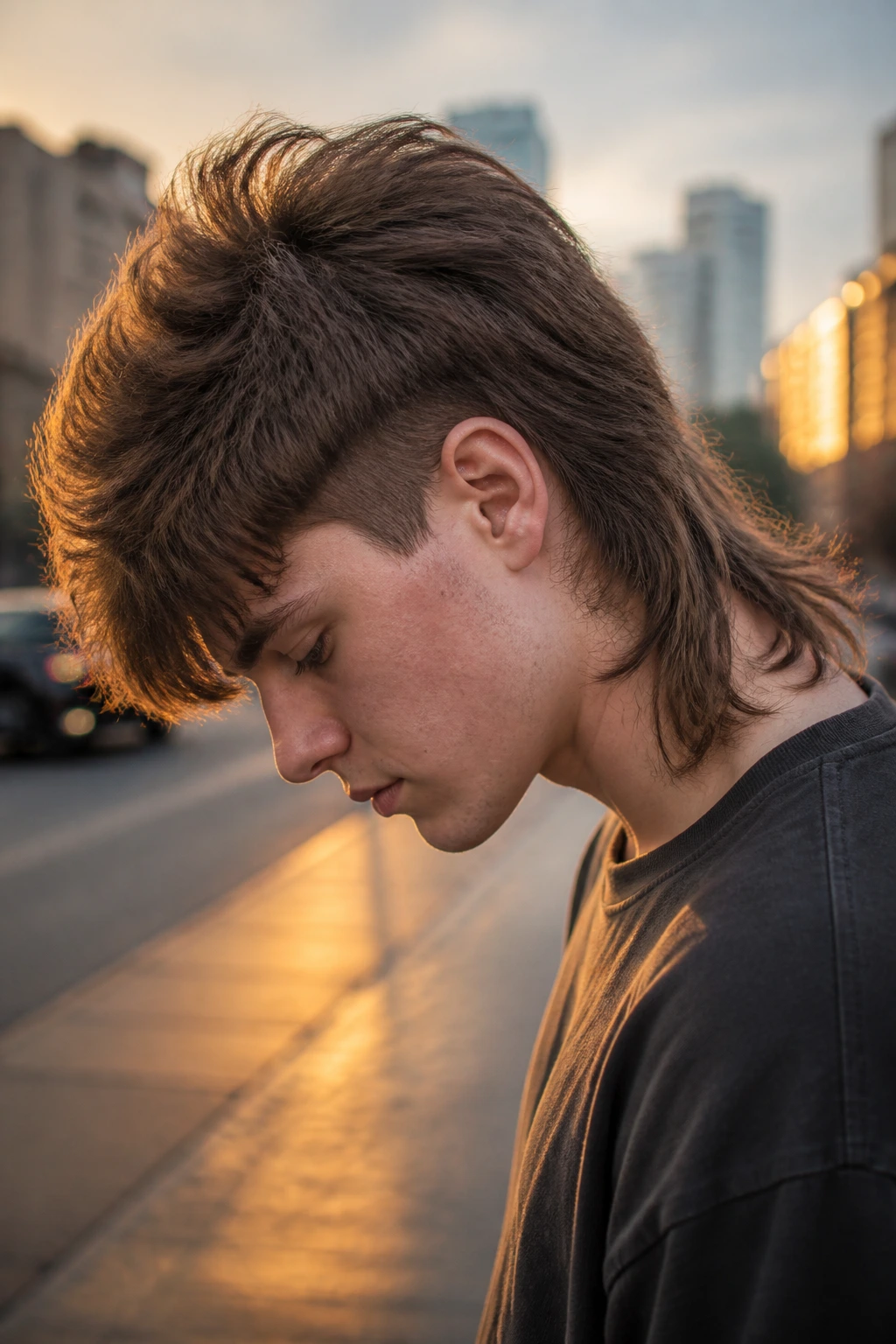 Close-up portrait of a real person with heavy crown mullet in golden hour light