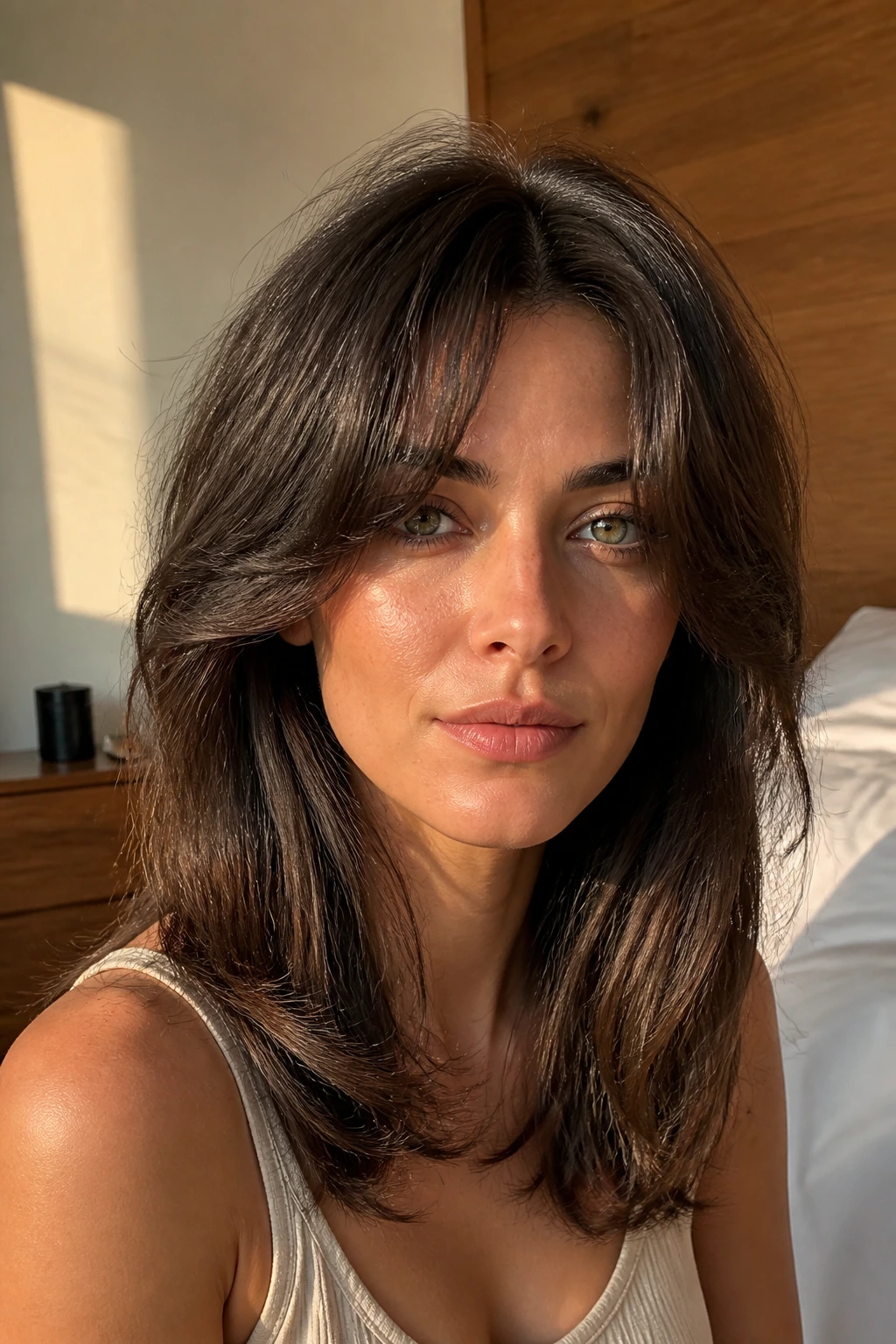 Portrait of a real woman with heavy curtain bangs and a wide middle opening