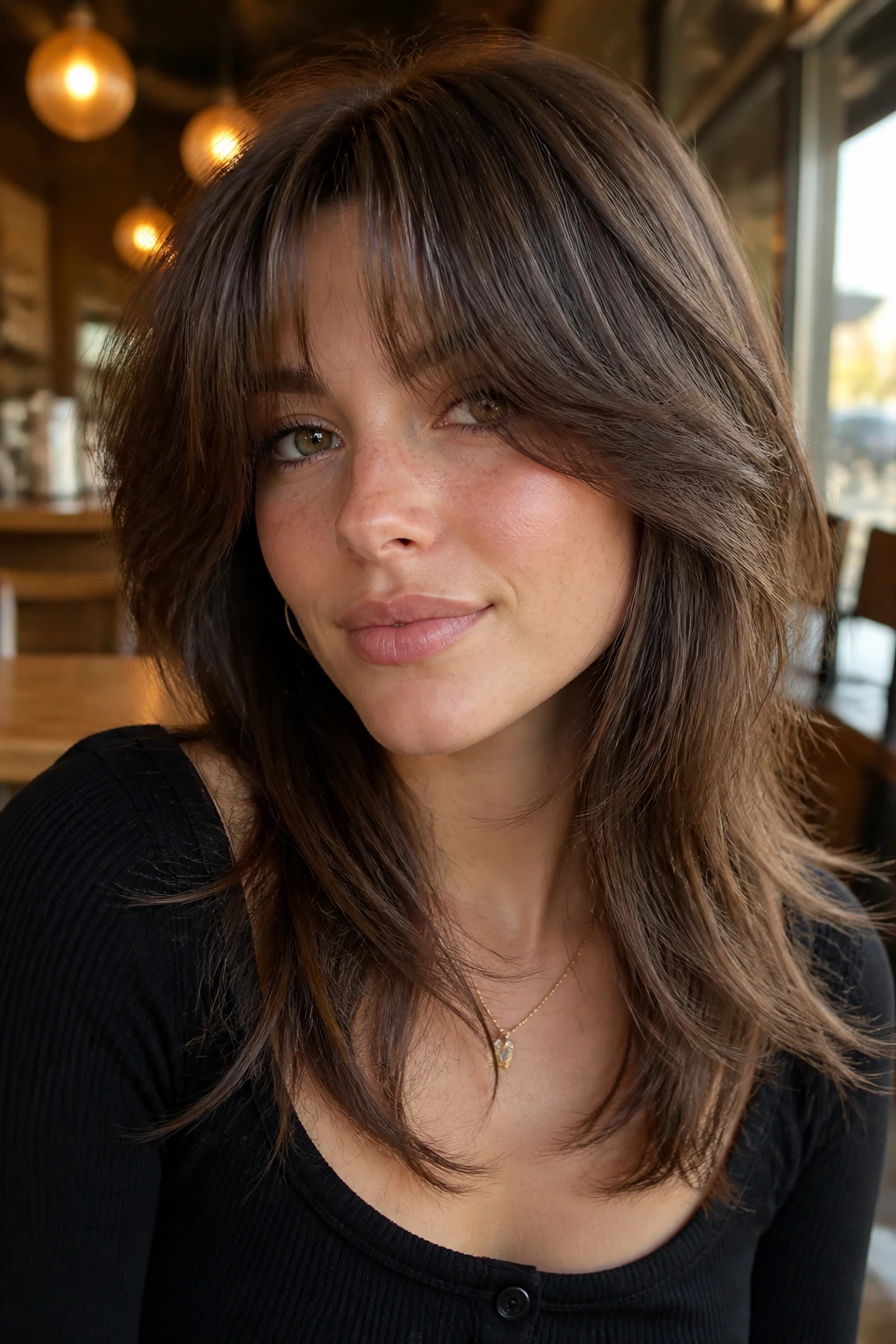 Real person with dense curtain bangs and light finish in warm cafe light