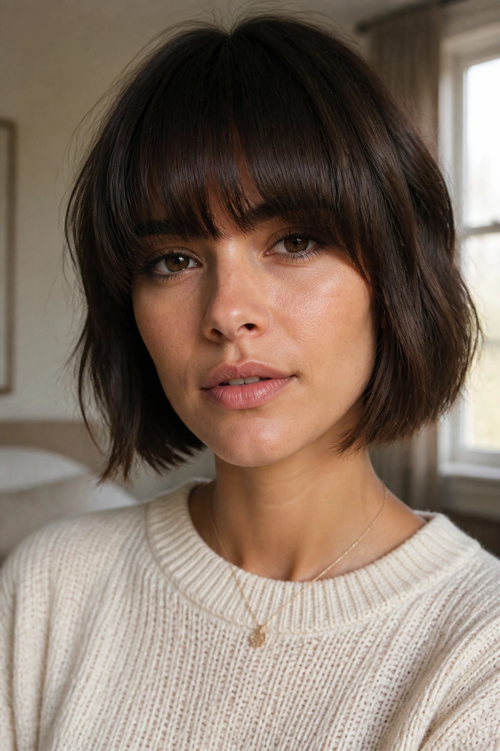 Close-up of a real woman with heavy brow-brush curtain bangs in natural light