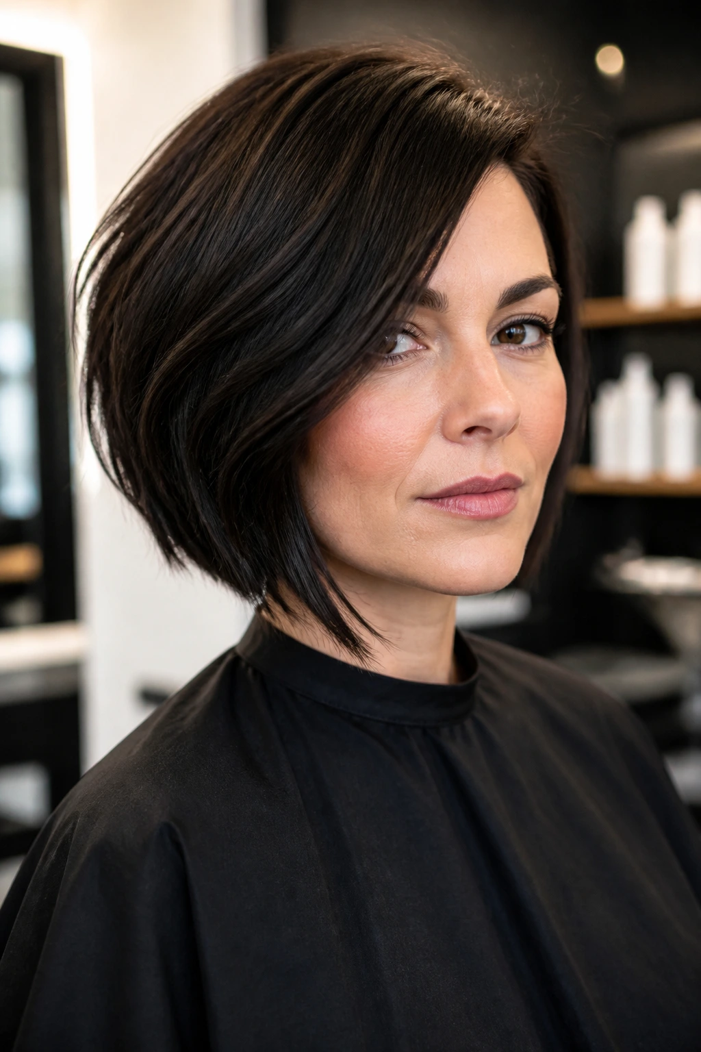 Portrait of a real person with thick hair in an asymmetrical bob showing strong perimeter.
