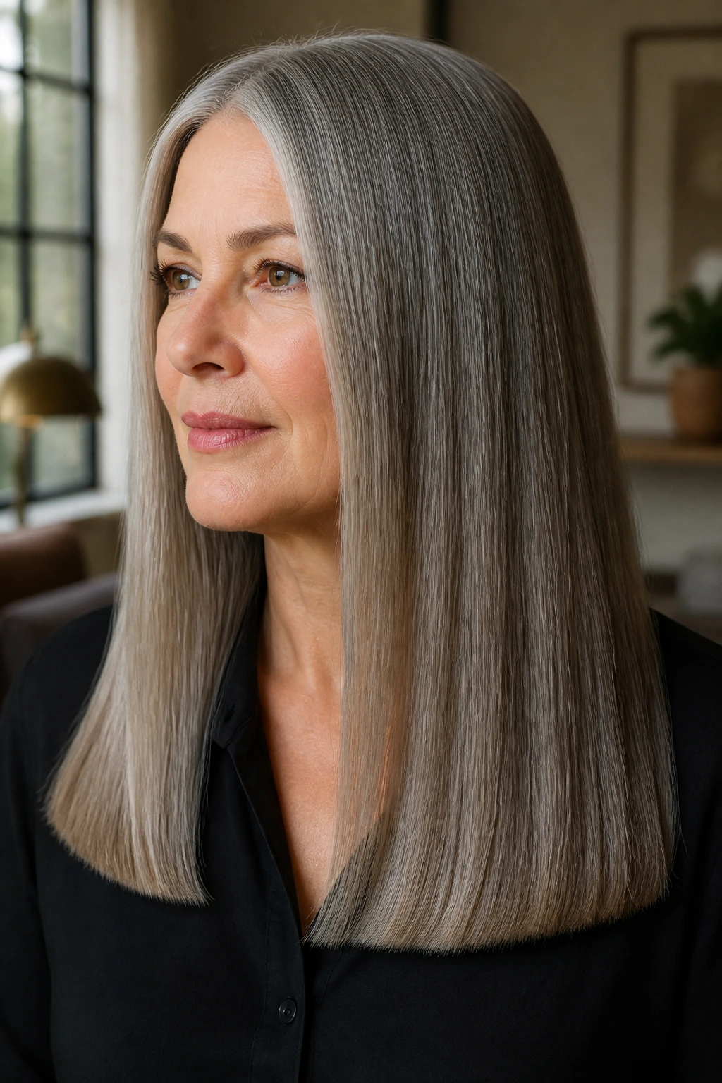 Portrait of a real woman with a blunt heavy-end haircut on thick hair in soft light
