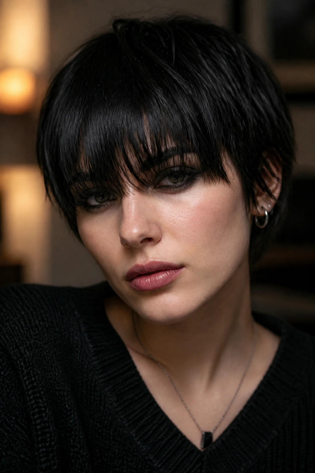 Close-up of dense fringe grazing lashes on a short hairstyle