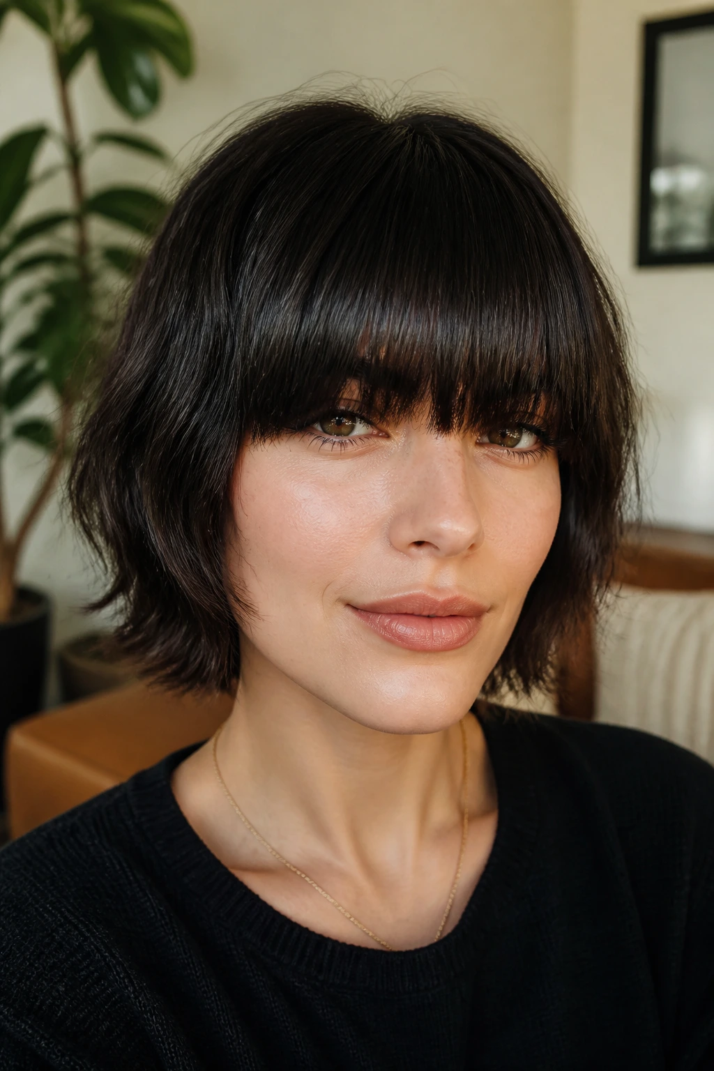 Close-up of a real person with heavy eyelash bangs on thick hair in a softly lit room.
