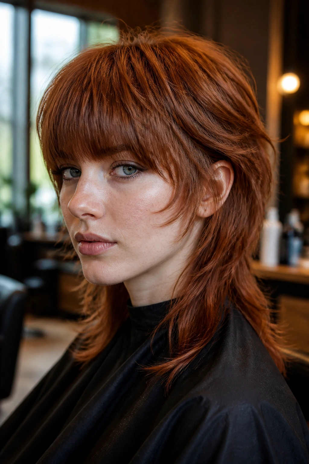 Close-up portrait of a real person with heavy fringe auburn mullet in a warm salon setting.