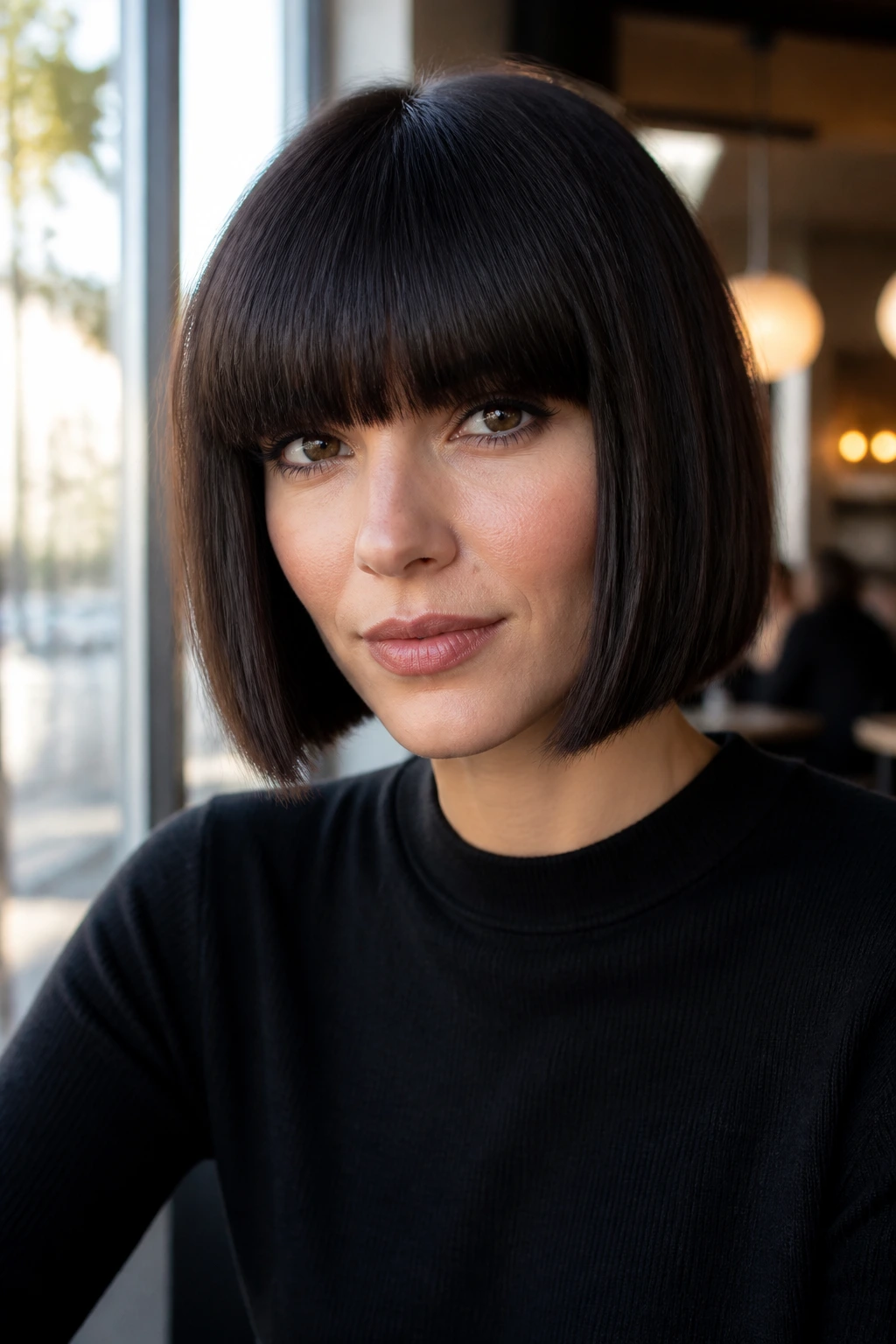 Close-up of a real woman with heavy fringe and blunt bob in a cafe window setting