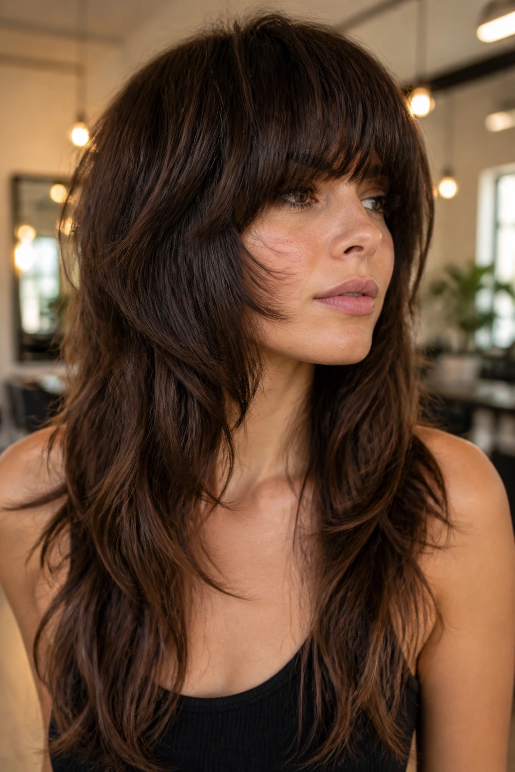 Portrait of person with heavy fringe butterfly shag and long sides