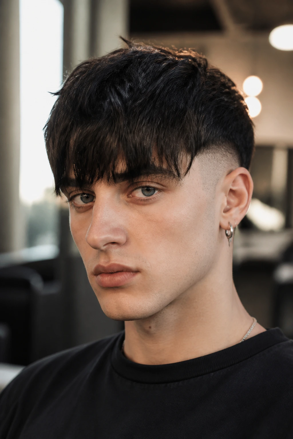 Close-up portrait of a real person with a heavy fringe Chelsea cut and shaved sides.