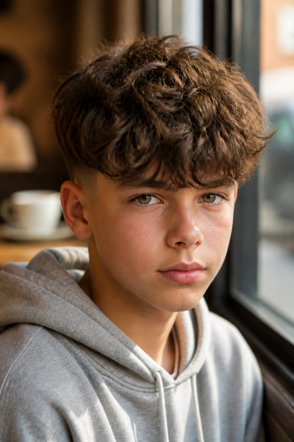 Real boy with a heavy fringe crop, bold front fringe on forehead