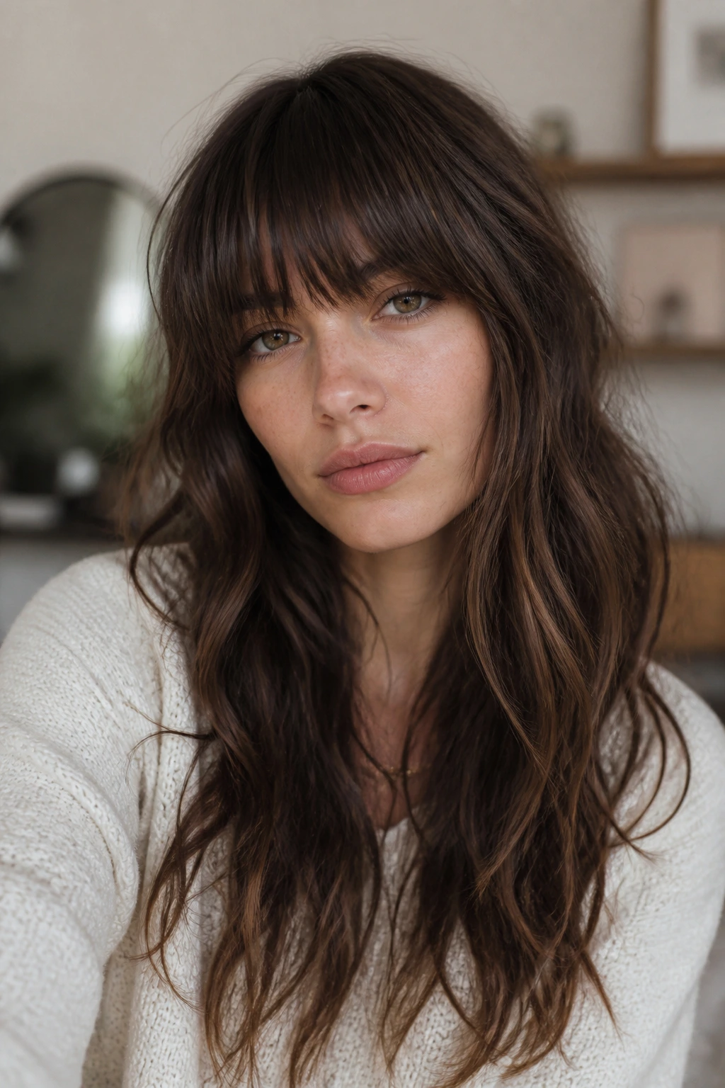Close-up of heavy fringe and soft ends on a real woman