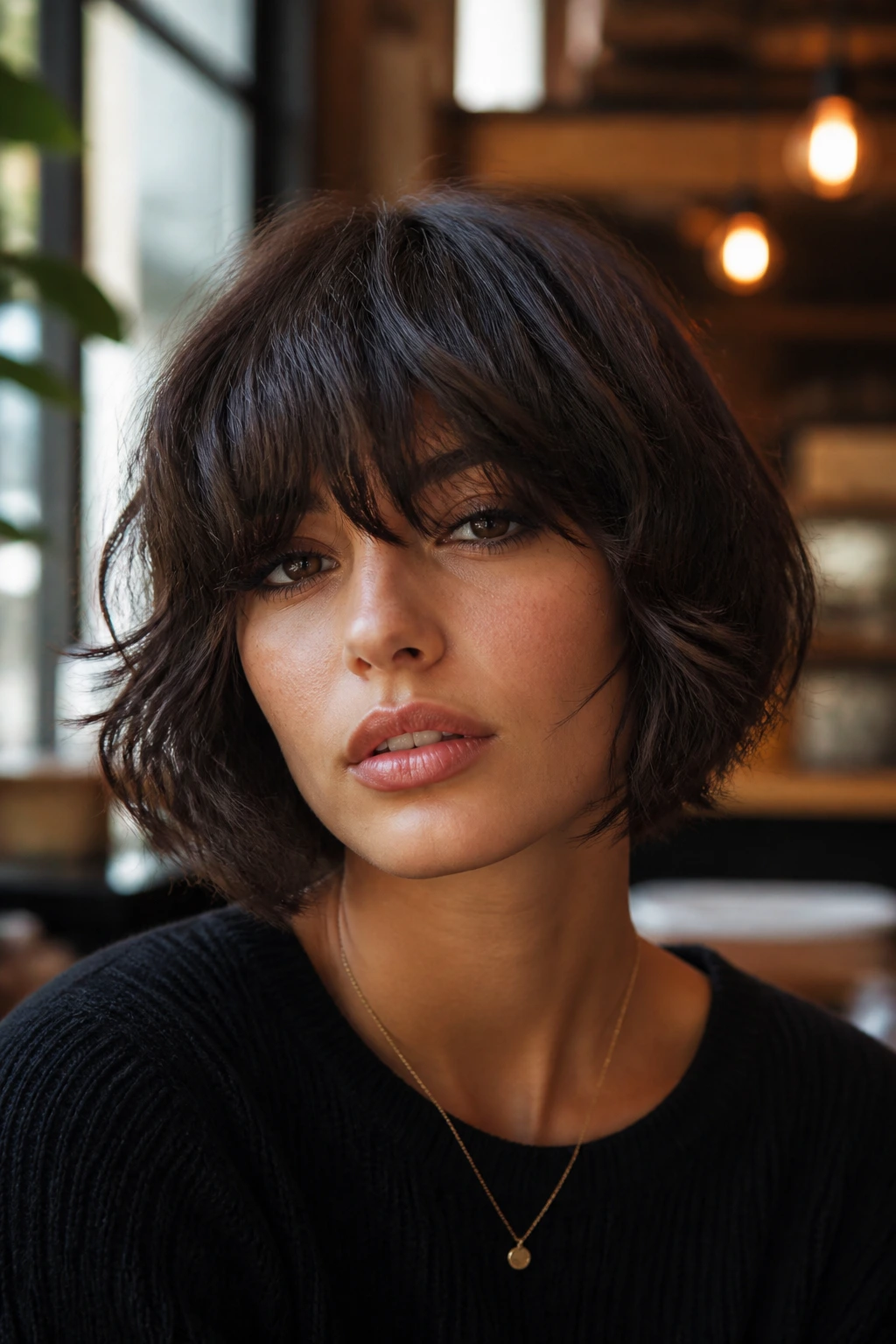 Close-up portrait of a real woman with a heavy fringe Italian bob in a chic cafe.